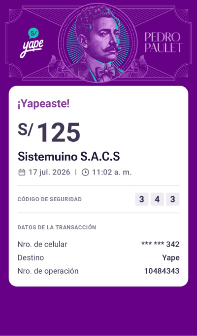 Comprobante de Yape por 125 soles enviado por Lucía